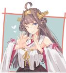  1girl ahoge alakoala bare_shoulders blue_background blush breasts brown_hair detached_sleeves double_bun hair_bun hairband hakama hakama_skirt headgear heart heart_hands japanese_clothes kantai_collection kongou_(kancolle) kongou_kai_ni_(kancolle) large_breasts long_hair looking_at_viewer nontraditional_miko open_mouth popped_collar ribbon-trimmed_sleeves ribbon_trim skirt smile solo upper_body violet_eyes white_background 