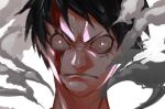  1boy black_hair blood blood_on_face closed_mouth commentary gear_second highres ibuo_(ibukht1015) looking_at_viewer male_focus monkey_d._luffy one_piece scar scar_on_cheek scar_on_face short_hair solo v-shaped_eyebrows 