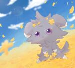  animal_focus blue_sky clouds commentary_request espurr falling_leaves grey_fur highres leaf lens_flare no_humans on_grass open_mouth outdoors pokemon pokemon_(creature) sitting sky suimin_ap_(aroniumu) tail violet_eyes 