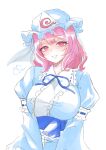  0002koko 1girl absurdres blue_hat breasts frilled_sleeves frills hat highres looking_at_viewer pink_eyes pink_hair saigyouji_yuyuko simple_background smile solo touhou triangular_headpiece upper_body white_background 