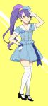 1girl aikatsu!_(series) aikatsu_stars! arm_up bad_id bad_twitter_id black_footwear blue_dress blue_hat collared_dress dress earrings full_body gloves hand_on_own_hip hat high_heels highres image_sample jewelry kisaragi_tsubasa long_hair looking_at_viewer ponytail purple_hair salute shiontaso shoes short_sleeves smile solo standing thigh-highs twitter_sample white_gloves white_thighhighs yellow_background yellow_eyes 