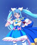  1girl blue_cape blue_dress blue_eyes blue_hair blue_sky bow brooch cape clear_sky commentary cowboy_shot cure_sky cut_bangs detached_sleeves dress dress_bow earrings fingerless_gloves frilled_dress frills fringe_trim gloves gradient_hair hirogaru_sky!_precure holding holding_cape holding_clothes jewelry long_hair looking_at_viewer magical_girl moritakusan multicolored_hair open_mouth pink_bow pink_hair precure puffy_detached_sleeves puffy_sleeves red_cape salute short_dress single_sidelock sky sleeveless sleeveless_dress smile solo sora_harewataru sparkle standing streaked_hair thigh-highs twintails two-finger_salute two-sided_cape two-sided_fabric two-tone_dress two-tone_hair very_long_hair white_dress white_gloves white_thighhighs wing_brooch wing_hair_ornament 