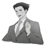  1boy ace_attorney black_eyes black_hair coat collared_coat collared_shirt cropped_torso grey_background greyscale hair_slicked_back highres kune_akiro long_sleeves male_focus monochrome necktie open_mouth phoenix_wright shirt simple_background solo teeth tongue white_shirt 