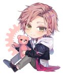  1boy black_jacket chibi creepyday earrings from_side full_body green_eyes highres holostars hood hoodie jacket jewelry looking_at_viewer male_focus pants pink_hair rikka_(holostars) short_hair sitting smile solo stuffed_animal stuffed_toy teddy_bear virtual_youtuber white_background white_hoodie 