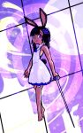  1girl animal_ears barefoot black_hair blunt_bangs braid closed_mouth commentary dawnfire dress english_commentary flying foil_(fencing) full_body full_moon hair_ribbon highres holding holding_sword holding_weapon indoors long_hair magic_circle medium_bangs moon purple_ribbon purple_sky rabbit_and_steel rabbit_ears rabbit_girl rabbit_tail ribbon sky sleeveless sleeveless_dress smile solo spellsword_rabbit star_(sky) starry_sky sword tail twin_braids violet_eyes weapon white_dress window 