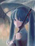  1girl aqua_hair artist_name bare_shoulders black_sleeves blue_eyes blue_hair blurry blurry_background bokeh depth_of_field detached_sleeves from_behind grey_shirt hair_ornament hatsune_miku highres holding holding_umbrella long_hair long_sleeves looking_at_viewer looking_back open_mouth outdoors parted_lips rain shirt signature sleeveless sleeveless_shirt solo transparent transparent_umbrella twintails umbrella upper_body very_long_hair yuioekaki 