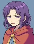  1boy bags_under_eyes blue_background cape disgust erk_(fire_emblem) fire_emblem fire_emblem:_the_blazing_blade looking_at_viewer male_focus numae_kaeru open_mouth purple_hair red_cape short_hair simple_background solo sweatdrop upper_body violet_eyes 