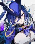  1girl ascot blue_ascot blue_capelet blue_hair blue_hat capelet clorinde_(genshin_impact) commentary genshin_impact grey_background hat highres looking_at_viewer loomyoi2 shirt short_hair solo tricorne upper_body violet_eyes white_shirt 