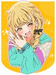  1girl blonde_hair blush braid cropped_torso fang fujita_kotone gakuen_idolmaster gujin_(tp_acid) hair_ribbon head_tilt heart idolmaster jacket long_sleeves looking_at_viewer multicolored_clothes multicolored_jacket own_hands_together palms_together ribbon smile solo sparkle yellow_eyes 