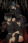  3girls aiming aiming_at_viewer ascot belt black_ascot black_bow black_footwear black_gloves black_hat black_jacket black_skirt blue_hair boots bow breasts broken_heart_print cape closed_mouth collared_shirt commentary_request cookie_(touhou) crossed_legs ein_(cookie) feet_out_of_frame geru_futota gloves green_bow grey_belt grey_eyes grey_hair gun hair_between_eyes hair_bow hat highres holding holding_gun holding_megaphone holding_weapon izayoi_sakuya jacket large_breasts looking_at_viewer medium_bangs medium_breasts megaphone military_hat military_uniform multiple_girls odoro_(nicoseiga81184094) open_mouth purple_hair red_cape remilia_scarlet rifle shirt short_hair skirt sniper_rifle teeth thumbs_down touhou uniform violet_eyes weapon white_shirt zwei_(cookie) 