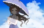  1girl bare_arms bare_shoulders black_hair blue_skirt blue_sky blue_umbrella braid breasts brown_eyes closed_mouth clouds cloudy_sky dot_nose floating_hair frilled_umbrella frills hair_ribbon highres holding holding_umbrella idolmaster idolmaster_million_live! idolmaster_million_live!_theater_days kitazawa_shiho long_hair looking_at_viewer medium_breasts parasol parted_bangs ribbon shade shirototo shirt sidelocks single_braid skirt sky sleeveless sleeveless_shirt solo straight_hair umbrella upper_body very_long_hair waist_ribbon 