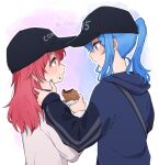  2girls bag baseball_cap black_hat blue_eyes blue_hair blue_jacket blue_nails closed_mouth earrings eye_contact food food_on_face green_eyes grey_shirt hat highres hololive hoshimachi_suisei jacket jewelry long_hair long_sleeves looking_at_another multiple_girls open_mouth ponytail purple_background redhead sakura_miko shirt shoulder_bag stud_earrings tsubudashi twitter_username upper_body virtual_youtuber white_background yuri 