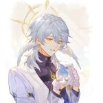  1boy angypuff animal bird dated earrings glint gloves grey_hair half_gloves halo halo_behind_head hands_up head_wings highres holding holding_animal holding_bird honkai:_star_rail honkai_(series) jacket jewelry looking_at_animal male_focus medium_hair parted_lips petting ring signature simple_background smile solo sunday_(honkai:_star_rail) twitter_username upper_body white_background white_gloves white_jacket wings yellow_eyes 