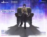  1girl black_sash crossed_legs crossover english_text fingerless_gloves ghost_in_the_shell ghost_in_the_shell:_sac_2045 girls_frontline gloves high_heels kusanagi_motoko looking_at_viewer military_uniform necktie official_alternate_costume official_art on_chair pantyhose purple_hair red_necktie sash sitting solo uniform violet_eyes 