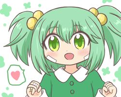  1girl :d bandaid bandaid_on_face bandaid_on_hand blush chitose_yuma commentary_request green_eyes green_hair hair_between_eyes hair_bobbles hair_ornament hands_up heart looking_at_viewer mahou_shoujo_madoka_magica mahou_shoujo_oriko_magica open_mouth reverse_(bluefencer) short_hair smile solo spoken_heart translation_request twintails upper_body white_background 