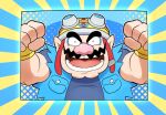  1boy blue_shirt cleft_chin clenched_hands denim denim_jacket facial_hair fingerless_gloves gloves goggles goggles_on_headwear highres hoshi_(star-name2000) jacket looking_at_viewer mustache open_mouth pointy_ears shirt square thick_eyebrows wario warioware warioware:_get_it_together! yellow_gloves 