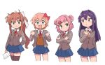 4girls blue_eyes bow brown_hair brown_thighhighs crossed_arms doki_doki_literature_club dot_nose hair_bow hair_intakes hair_ornament hairclip jacket long_hair long_sleeves looking_at_viewer monika_(doki_doki_literature_club) multiple_girls natsuki_(doki_doki_literature_club) open_mouth pink_eyes pink_hair pleated_skirt ponytail purple_hair red_bow red_ribbon ribbon sayori_(doki_doki_literature_club) school_uniform short_hair short_twintails simple_background skirt thigh-highs tsubobot twintails uniform violet_eyes white_background white_bow yuri_(doki_doki_literature_club) 