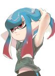  1girl absurdres arms_up band_shirt blue_hair blunt_bangs closed_mouth expressionless gradient_hair grey_shirt highres holding holding_hair inkling koike3582 light_blue_hair long_hair merchandise multicolored_hair omega-chan_(splatoon) red_eyes redhead shirt short_sleeves simple_background single_vertical_stripe solo splatoon_(manga) splatoon_(series) t-shirt tentacle_hair two-tone_hair white_background 