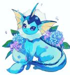  absurdres animal_focus artist_name blue_flower blue_skin closed_mouth colored_skin commentary_request fins flower forked_tail head_fins highres leaf looking_at_viewer no_humans pokemon pokemon_(creature) purple_flower signature sitting su_(sajo_su5) tail vaporeon violet_eyes water_drop white_background 