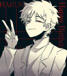  1boy 5332017746 ;) atou_haruki black_jacket character_name chinese_commentary commentary_request english_text film_grain greyscale happy_birthday highres jacket long_sleeves male_focus monochrome one_eye_closed open_clothes open_jacket portrait red_eyes saibou_shinkyoku short_hair sketch smile solo spot_color sweater turtleneck turtleneck_sweater v 