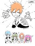  +++ 2boys 3: 3girls :d =_= ^_^ bleach bleach:_sennen_kessen-hen blue_eyes blunt_bangs blush closed_eyes closed_mouth commentary_request cropped_torso crossed_arms dokugamine_riruka embarrassed facial_mark facing_viewer frown green_hair grimmjow_jaegerjaquez hair_between_eyes happy hat heart highres inoue_orihime jitome kurosaki_ichigo light_blush long_hair looking_at_viewer lovestruck mask mask_on_head multiple_boys multiple_girls nelliel_tu_odelschwanck nose_blush open_mouth orange_hair own_hands_clasped own_hands_together parted_bangs pink_eyes pink_hair short_hair simple_background skull_mask smile sound_effects spiky_hair sweatdrop trembling twintails twitter_username upper_body v-shaped_eyebrows white_background white_hat wide-eyed wing_hair_ornament yanono_015 