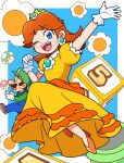  1-up_mushroom 1boy 1girl arm_up blue_background blue_eyes blue_overalls brown_footwear brown_hair clenched_hand crown dice dress earrings flower flower_earrings gloves green_shirt highres jewelry looking_at_viewer luigi one_eye_closed open_mouth orange_dress orange_footwear overalls princess_daisy puffy_short_sleeves puffy_sleeves quriltai shirt short_sleeves smile super_mario_bros. super_mushroom warp_pipe white_gloves 