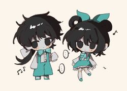  ... 1boy 1girl aqua_bow aqua_bowtie aqua_footwear aqua_ribbon aqua_skirt black_eyes black_hair blush_stickers bow bowtie chibi chibi_only chinese_commentary colored_skin commentary_request dual_persona expressionless grey_shirt grey_skin hair_between_eyes hair_bow hair_bun highres li_yuting_(female) li_yuting_(male) long_hair long_sleeves medium_hair mole mole_under_each_eye mole_under_eye multiple_moles neck_ribbon ribbon shirt simple_background single_hair_bun single_hair_ring skirt sleeves_past_fingers sleeves_past_wrists spoken_ellipsis suspender_skirt suspenders tanwanrenshi touqi_guaitan white_background 