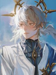  1boy coat eye_symbol grey_hair hair_between_eyes hair_over_shoulder halo halo_behind_head head_wings highres honkai:_star_rail honkai_(series) jewelry jyauii male_focus piercing solo spiked_halo sunday_(honkai:_star_rail) upper_body white_coat white_hair white_wings wing_piercing wings yellow_eyes 