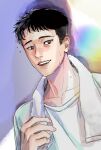  1boy black_eyes black_hair eg_(eastg111) highres male_focus short_hair slam_dunk_(series) smile solo sweatdrop towel towel_around_neck upper_body yasuda_yasuharu 