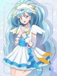 1girl benikoya blue_background blue_eyes blue_hair blue_wrist_cuffs blush breasts cowboy_shot cure_ange dress earrings gold_crown gradient_background hair_ornament heart_pouch highres hugtto!_precure jewelry lipstick long_hair looking_at_viewer magical_girl makeup open_mouth pointed_crown precure see-through see-through_sleeves smile solo thick_eyelashes very_long_hair wrist_cuffs yakushiji_saaya 