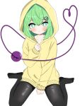  1girl adapted_costume between_legs black_pantyhose blush bright_pupils clenched_hand closed_mouth collarbone commentary_request double-parted_bangs eyelashes green_eyes hair_between_eyes hand_between_legs hand_up heart heart_of_string highres hood hood_up hoodie komeiji_koishi looking_at_viewer no_shoes pantyhose simple_background sitting sleeves_past_wrists solo split_mouth third_eye tokihakonbu touhou wariza white_background white_pupils yellow_hoodie 