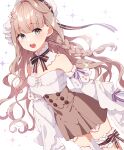  1girl bare_shoulders blush bow braid brown_ribbon buttons detached_collar detached_sleeves dress dutch_angle grey_hair hair_ornament hair_ribbon hairpin hat indie_virtual_youtuber light_brown_hair long_hair looking_at_viewer lucienne_(vtuber) mamyouda open_mouth ribbon single_braid smile solo sparkle teeth thigh_strap upper_teeth_only virtual_youtuber wavy_hair white_hat 