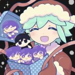  2girls 4boys aubrey_(headspace)_(omori) aubrey_(omori) basil_(headspace)_(omori) basil_(omori) black_eyes black_hair blush bow closed_eyes closed_mouth expressionless green_hair grin hair_bow hat hero_(headspace)_(omori) hero_(omori) kel_(headspace)_(omori) kel_(omori) long_hair looking_at_viewer mari_(headspace)_(omori) mari_(omori) mini_person miniboy minigirl mittens multiple_boys multiple_girls omori omori_(omori) one_eye_closed open_mouth pink_bow purple_hair red_hat red_mittens santa_costume santa_hat short_hair smile sr_ld_fr teeth violet_eyes 