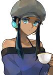  1girl bare_shoulders blue_eyes blue_eyeshadow commentary_request cup dark-skinned_female dark_skin earrings eyelashes eyeshadow gk98tm hair_bun hat highres holding holding_cup jewelry makeup nessa_(pokemon) pokemon pokemon_swsh sidelocks signature simple_background solo upper_body white_background 