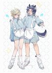  2boys alternate_costume animal_ears apron arm_up bandaid bandaid_on_leg black_hair blonde_hair blue_eyes blue_jacket blue_shorts blush bright_pupils cloud_strife crossdressing dog_boy dog_ears dog_tail embarrassed final_fantasy final_fantasy_vii frilled_apron frills full_body hand_up highres jacket kemonomimi_mode looking_at_viewer maid maid_day maid_headdress male_focus multiple_boys nunui0618 one_eye_closed open_mouth parted_bangs shoes short_hair shorts smile sneakers socks sparkle spiky_hair tail track_jacket v very_long_sleeves white_apron white_footwear white_socks zack_fair 