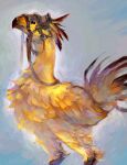  animal_focus beak bird blue_background chocobo feathers feet_out_of_frame final_fantasy from_side no_humans no_lineart painterly reins solo xioiri 