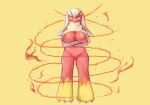  1girl animal_feet arai_mei blaziken blonde_hair blue_eyes body_fur breasts claws colored_sclera commentary_request crossed_arms fire full_body furry furry_female large_breasts legs long_hair looking_at_viewer navel neck_fur pokemon pokemon_(creature) red_fur simple_background solo standing two-tone_fur yellow_background yellow_fur yellow_sclera 