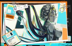  1girl border breasts cable character_name english_text faceless facing_to_the_side floppy_disk from_side highres humanoid_robot id_card jacknavy joints large_breasts lucy_(reverse:1999) medium_hair metal_skin orange_border paper paperclip photo_(object) recharging reverse:1999 robot robot_girl robot_joints seal_impression solo turning_head upper_body 