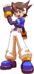  1boy absurdres archived_source black_bodysuit blue_footwear blue_jacket bodysuit bodysuit_under_clothes brown_hair clenched_hand cropped_jacket green_eyes highres jacket makoto_yabe mega_man_(series) mega_man_zx official_art open_mouth pants robot_ears shoes short_hair simple_background smile solo teeth upper_teeth_only vent_(mega_man) white_background white_pants 