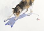  all_fours animal animal_focus cat looking_to_the_side nara_watercolor no_humans original painting_(medium) realistic shadow sunlight traditional_media watercolor_(medium) white_background 