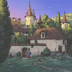  1other artist_name aurumek barrel bell bird blue_hat building bush castle chimney clothesline commentary door english_commentary european_architecture evening facing_away flock gradient_sky grass hat highres hill holding holding_staff lamppost original outdoors plank planted planted_shovel rock scenery shovel sky smoke solo staff stone_wall tile_roof tree twilight wall_lamp window witch_hat 