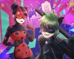  1boy 1girl adrien_agreste animal_ears bell black_bodysuit black_hair black_jacket black_mask bodysuit cat_boy cat_ears catnoir_love claw_noir closed_mouth double_bun green_hair hair_bun highres jacket jingle_bell leather leather_jacket looking_at_viewer marinette_dupain-cheng mask polka_dot red_bodysuit red_eyes red_mask shadybug slit_pupils smile violet_eyes 