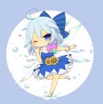  1girl blue_bow blue_dress blue_eyes blue_hair bow chibi cirno detached_wings dress fairy fairy_wings flower frozen full_body hair_bow highres ice ice_wings one_eye_closed pinafore_dress sleeveless sleeveless_dress sunflower tanned_cirno touhou wings yaco_(nuitnotte) 