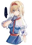  1girl alice_margatroid blonde_hair blue_dress blue_eyes breasts capelet closed_mouth commentary_request cowboy_shot dress expressionless fingerless_gloves fushida gloves grey_gloves hair_between_eyes hair_intakes hairband hand_on_own_chin highres looking_at_viewer medium_bangs medium_breasts necktie red_hairband red_necktie short_hair short_sleeves simple_background solo touhou translation_request white_background white_capelet 