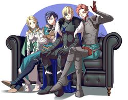  1girl 3boys a_(asan_a_aa) absurdres armor armored_boots belt black_footwear black_hair blonde_hair boots bow braid braided_ponytail brown_belt brown_eyes cape capelet cloak couch crossed_arms crossed_legs dimitri_alexandre_blaiddyd eyepatch felix_hugo_fraldarius fire_emblem fire_emblem:_three_houses fur-trimmed_cloak fur_trim gloves green_bow green_eyes green_ribbon hair_between_eyes hair_bun hair_ornament highres ingrid_brandl_galatea long_braid long_hair long_sleeves looking_at_viewer multiple_boys one_eye_closed open_mouth orange_eyes plate_armor ponytail redhead ribbon shoes short_hair shoulder_armor sitting smile sylvain_jose_gautier 