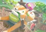  basket bewear commentary_request day drifloon emphasis_lines fang grass green_eyes highres lycanroc mokukitusui mouth_hold oranguru outdoors pokemon pokemon_(creature) riding riding_pokemon rowlet sky stairs treehouse 