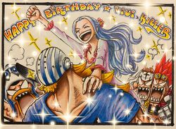  1girl 3boys angry animal bird blonde_hair blue_hair blue_shirt blush carrying clenched_hand closed_eyes commentary_request daichan_op dress duck eustass_kid facial_hair flower goatee goggles goggles_on_headwear hair_flower hair_ornament happy_birthday head_scarf highres hockey_mask karoo_(one_piece) killer_(one_piece) long_hair long_sleeves mask mechanical_arms multiple_boys nefertari_vivi one_piece pell piggyback puff_of_air redhead scar scar_on_face sharp_teeth shirt single_mechanical_arm sparkle teeth 