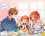  1boy 2girls :d :i aged_up blue_shirt bow brown_hair child coffee_cup commentary cup disposable_cup doki_doki_literature_club eating english_text family father_and_daughter food fork hair_between_eyes hair_bow half-closed_eyes holding holding_fork holding_spoon if_they_mated indoors long_sleeves mother_and_daughter multiple_girls open_mouth pancake pancake_stack protagonist_(doki_doki_literature_club) red_bow sayori_(doki_doki_literature_club) shirt short_hair smile sora_(efr) spiky_hair spoon striped_clothes striped_shirt stuffed_cow table white_shirt wing_collar 