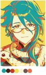  1boy 42u16 baizhu_(genshin_impact) changsheng_(genshin_impact) closed_mouth commentary_request genshin_impact glasses hair_between_eyes hair_ornament hair_stick limited_palette long_hair looking_at_viewer male_focus portrait red_eyes simple_background snake snake_wrapped_around_neck tongue 