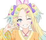  1girl ;d absurdres animal_ear_headphones animal_ears blonde_hair blue_eyes blue_hair bow butterfly_hair_ornament cat_ear_headphones commentary ene_ybsk fake_animal_ears gradient_hair grin hair_bow hair_ornament hairclip headphones heart heart_hair_ornament highres identity_(love_live!) japanese_clothes kimono light_blue_hair link!_like!_love_live! long_hair long_sleeves looking_at_viewer love_live! multicolored_hair official_style one_eye_closed orange_kimono osawa_rurino parted_bangs pink_headphones portrait purple_bow simple_background smile solo star_(symbol) star_hair_ornament too_many_hairclips twintails v_over_eye virtual_youtuber white_background wide_sleeves 